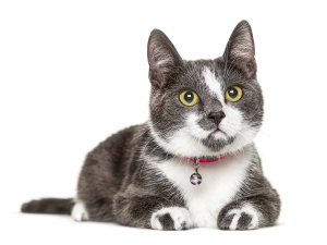 Grey and white cat laying down with white background.